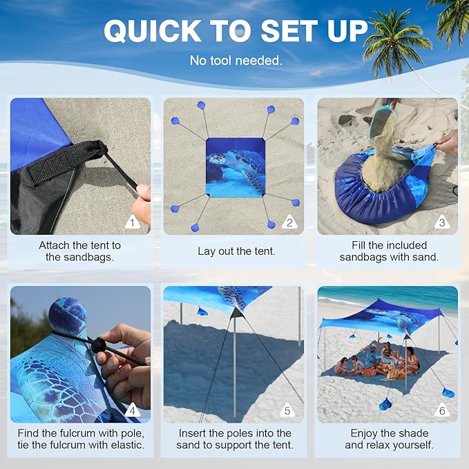 Rhino Valley Beach Tent Shade Canopy UPF50+ Protection, 8 Sandbags, 4 Stability Poles, Outdoor Sun Shelter Umbrella for Sand, Camping, Fishing Essentials