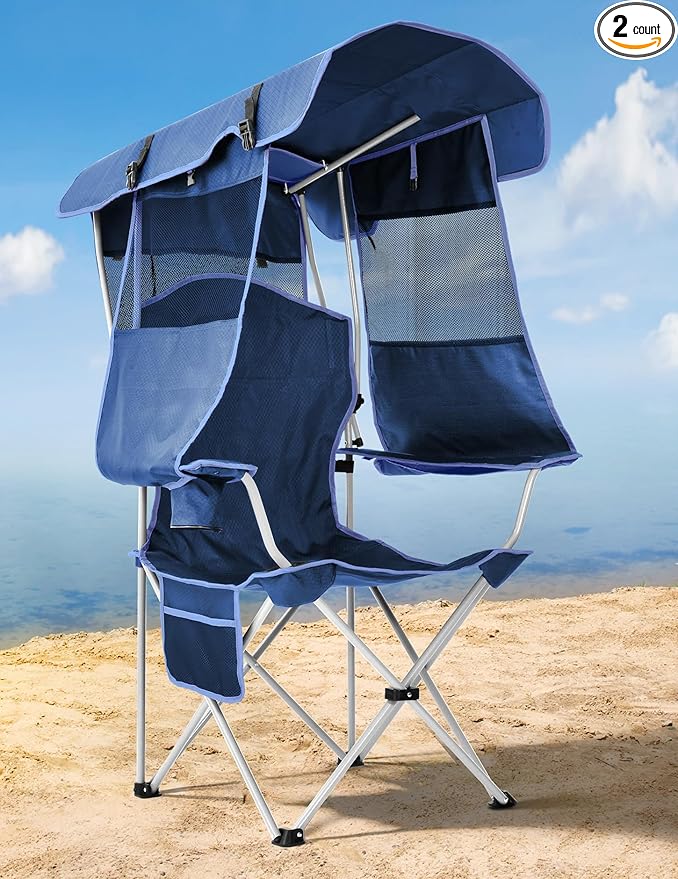 Beach Chair with Canopy Shade, Folding Camping Chair with Canopy with Cup Holder, Side Pocket for Camp, Beach, Tailgates, Fishing - Support 330 LBS
