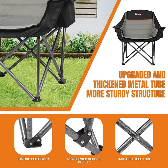 Oversized Camping Chair with Cooler Bag, XL Fully Padded Folding Portable Camping Chairs for Adults, Big Heavy Duty Outdoor Patio Lawn Chair with Arm Cup Holder Supports 450lbs