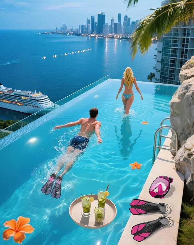 Mask Fins Snorkeling Gear for Adults, Full Face Snorkel Mask & Adjustable Swim Fins Snorkel Set, Panoramic View Snorkel Mask Dry Top Anti-Fog Anti-Leak