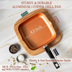 Moss & Stone Square Grill Pan For Indoor Cooking, 9.5In Frying Pan Copper Non-Stick Saute Fry Pan, Induction Copper Pan for Meats & Vegetables, Aluminum Griddle Nonstick Stove Top Grill Pan