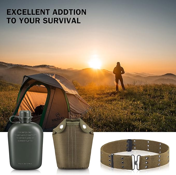 1 Quart Plastic Canteen Military Canteen Portable Military Water Bottle with Bottle Pouch Cotton Cover Bag and Waist Belt for Backpacking Hiking Camping Climbing Outdoor Activities
