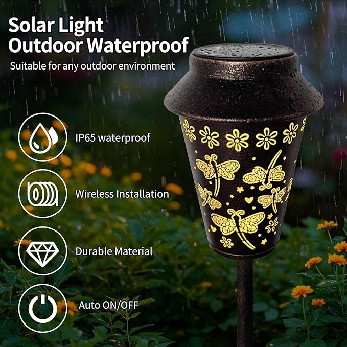 Solar Pathway Lights, Dragonfly Metal Copper Lantern for Yard, Garden, Walkway, Lawn and Patio Decor, Outdoor Waterproof Landscape Lighting Gifts for Women, Mom, Grandma
