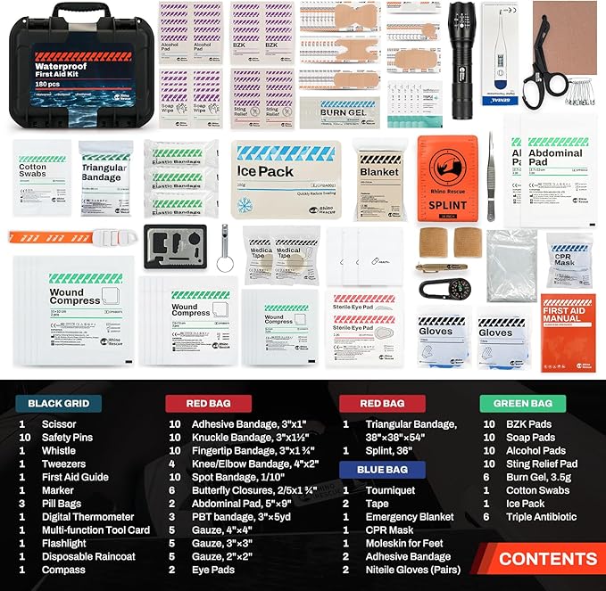 RHINO RESCUE Waterproof Marine First Aid Kit for Boat Durable First Aid Box for Crews with Emergency Medical Supplies for Travel & Fishing (Black)
