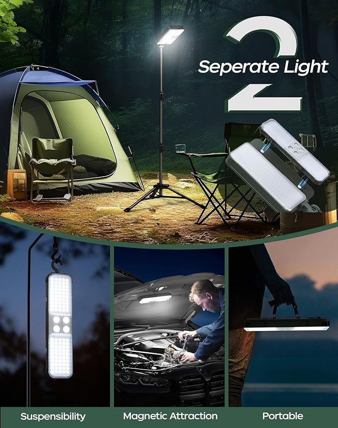10000lm Dimmable Rechargeable Work Light, 15000mAh Detachable Camping Work Light 72'' Telescopic with 2 Separate Lights, 2 Charge Ways Type C & Solar Powered