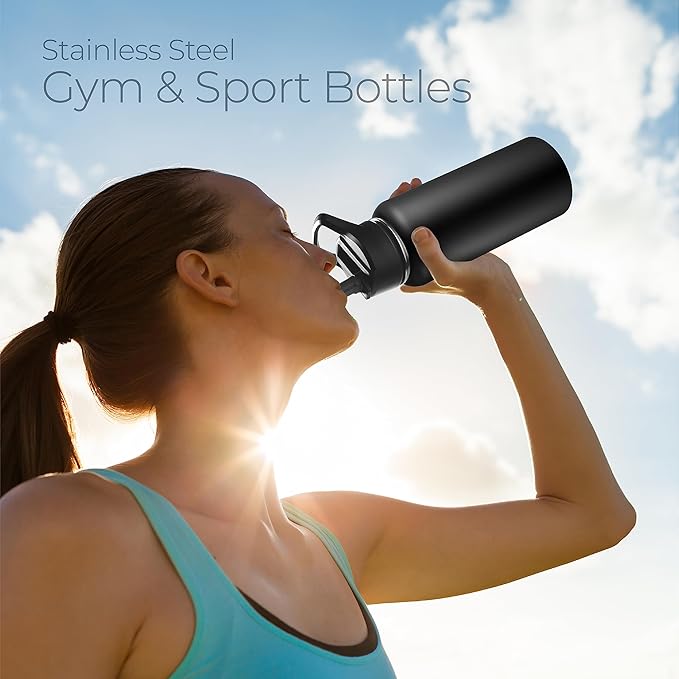 SipX™ Triple-Insulated Stainless Steel Water Bottle 32oz. With 3 Lids, BPA-Free Reusable Insulated Water Bottle Keeps Cold 24 Hours, Metal Water Bottle Made Of Sustainable Material For Hiking & Biking