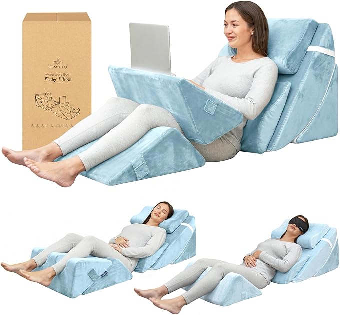 6pc Adjustable Orthopedic Wedge Pillow Set – Relieve Acid Reflux, Snoring, Back Pain & Post-Surgery Discomfort (Light Blue)