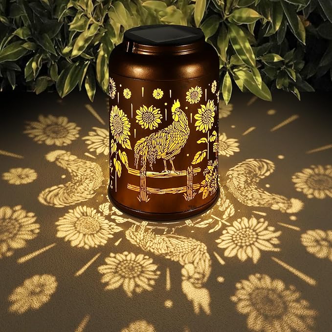 Solar Lanterns Outdoor Waterproof Hummingbird Garden Decor Christmas Gifts for Women Mom Grandma Hanging Lights Metal Decoration Outside for Yard, Patio,Backyard,Porch(Rooster)