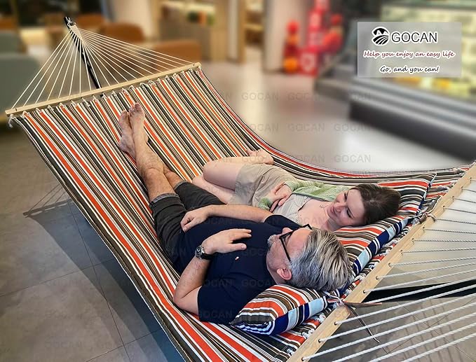 Double Hammock with Quilted Fabric and Spreader Bars,Longer and Sturdier,Quality Hammocks for Outdoor Indoor Patio Yard
