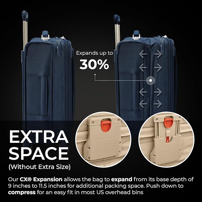 Briggs & Riley Global 21" Carry On Expandable Spinner - Luggage for International Travel, Suitcases with Wheels, Softside Rolling Bag for Men & Women, Self-Repairing Zipper - Baseline Collection, Navy