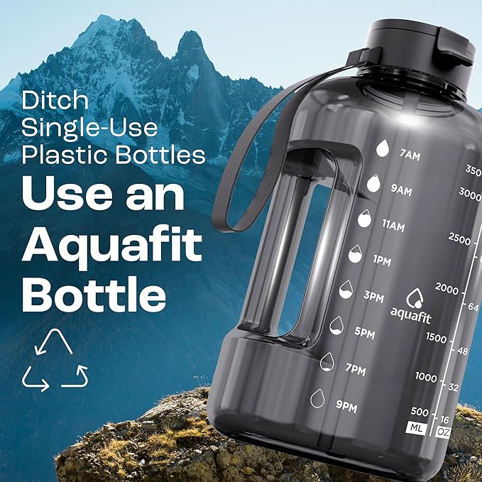 AQUAFIT 1 Gallon Water Bottle with Time Marker - Straw & Chug Lid - BPA Free Gym Water Bottle with Straw - Big Gallon Jug (Galaxy, 128 oz - 2 Lids)