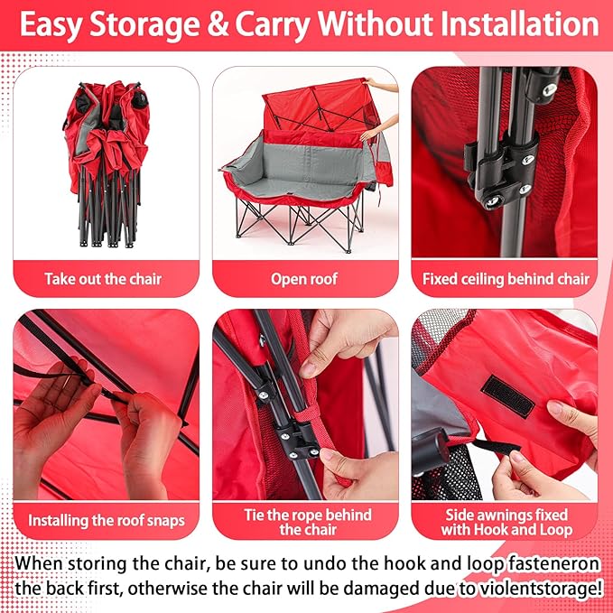 Double Camping Chair with Canopy Shade Oversized 2 Person Camping Sofa Fully Padded Folding Loveseat with Cup Hold and Storage Bag Sturdy for Lawn Beach Fall Outdoor Activities(Dark Red)