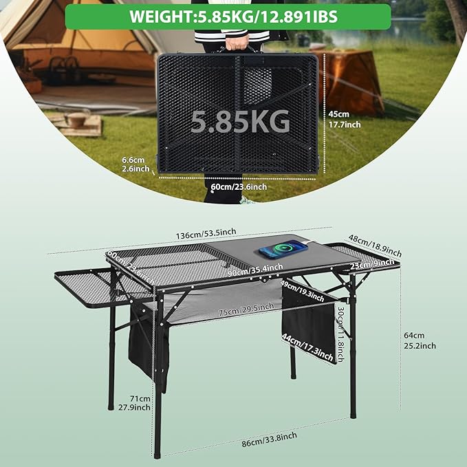 Nice C Camping Table, Ourdoor Grill Table, Tailgate Tables, Solar Panel Tables with USB Type-C&DC Charging Cable, 42W Portable Solar Charger, 2 Side Shelves, with Mesh Net&Cup Holders