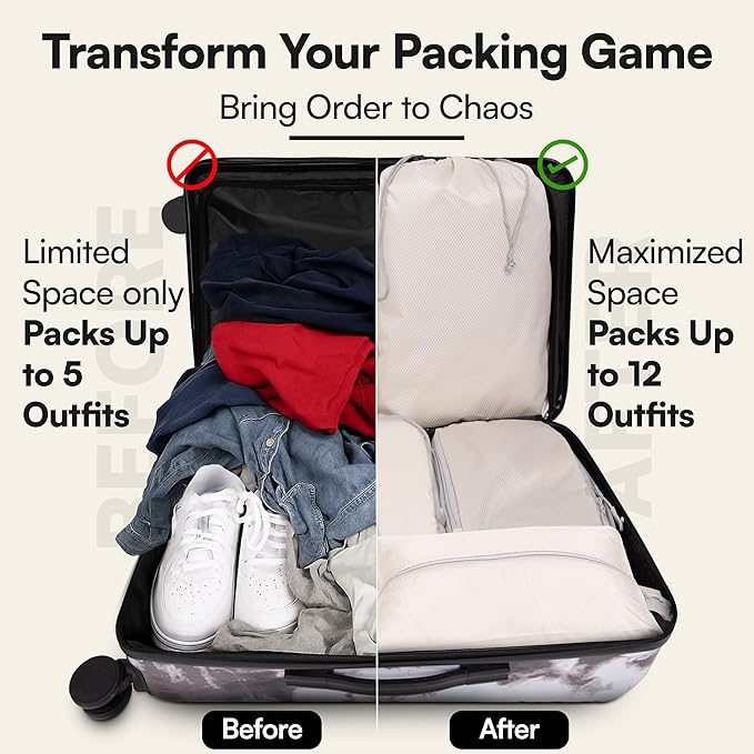 AMHARBOR Set of 6 Compression Packing Cubes for Travel - Space-Saving Luggage Organizers - Vacation Travel Essentials - Lightweight Accessories for Suitcase