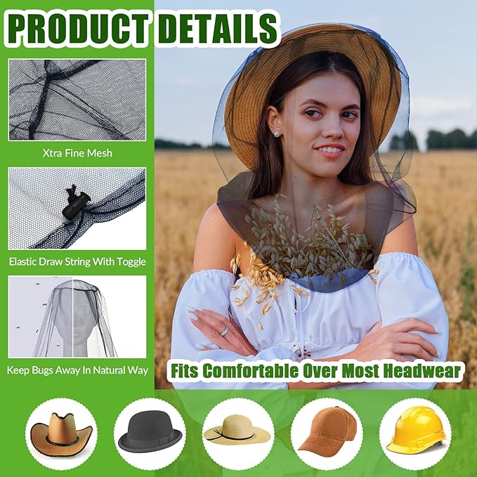 HESTYA 4 Pack Mosquito Bug Net Mesh for Head Mosquito Head Net Face Neck Fly Netting Hood from Insect Bugs Gnats for Outdoor