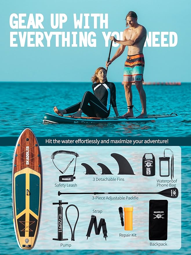 11' Inflatable Stand Up Paddle Board – Extra Wide SUP for Adults & Kids of All Skill Levels, Stable Paddleboard with Pump, Fins, Backpack, Accessories & Waterproof Phone Pouch