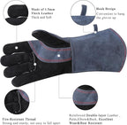 RAPICCA Fireplace Gloves Fire Heat Resistant: Grey 16IN 662℉- Fireproof Leather for Fireplace Fire pit Wood stove Campfire Furnace BBQ Grill Oven Stick Mig Welding Welder Gear - Birthday Gift for men