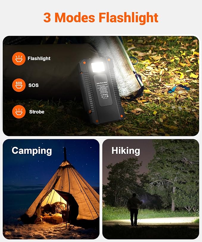 Solar Power Bank 38800mAh with 4 Solar Panels, Portable Charger USB C 18W Fast Charging for iPhone Samsung, IP67 Waterproof Outdoor External Battery Pack with Flashlight Light/SOS/Strobe