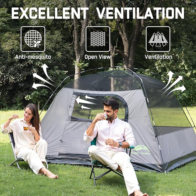 Happy Travel Camping Tent, 4/6 Person Dome Tents for Camping with Rainfly, Waterproof Clip Easy Setup Portable Family Tent with Mesh Windows, 20% More Headroom Backpacking Tents for Camping & Hiking