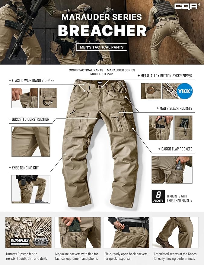 CQR Men's Flex Ripstop Tactical Pants, Water Resistant Stretch Cargo Pants, Lightweight EDC Hiking Work Pants