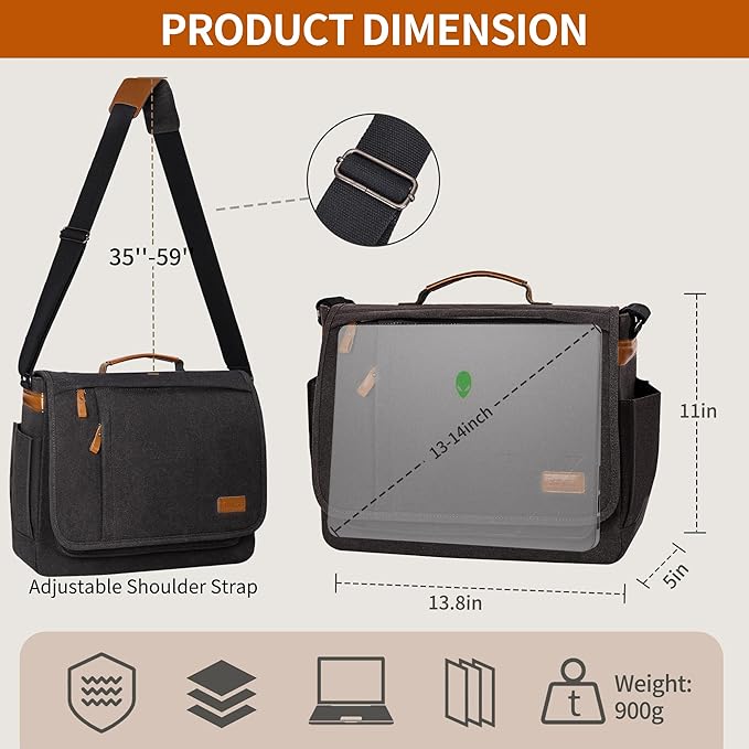 ESTARER 13-14 Inch Laptop Messenger Bag Water-Resistant Canvas Shoulder Bag for Business College, Grey
