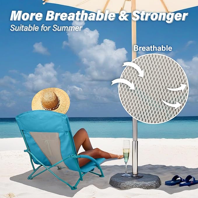 Low Beach Chairs 2 Pack,Folding Compact Low Seat Chairs for Adults w/Mesh Back& Storage Bag,Heavy Duty Chair for Outdoor Sand,Travel,Camping,Picnic,Blue