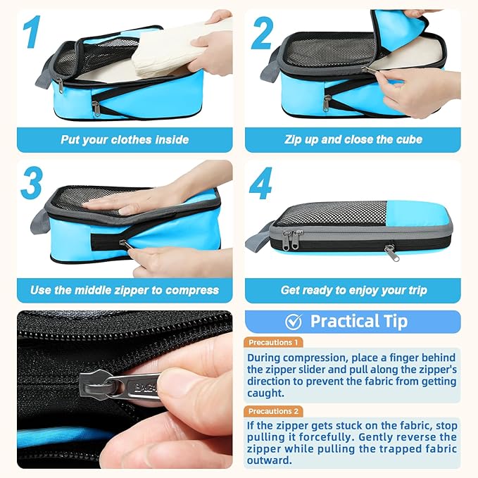 BAGAIL 4 Set/6 Set/8 Set Compression Packing Cubes Travel Accessories Expandable Packing Organizers (Half Mesh, 6-Blue)