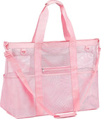 Fammart Mesh Beach Bag with Zipper, Large Beach Tote for Women, Toys Pool Swim Bag Travel Vacation Cruise Essentials