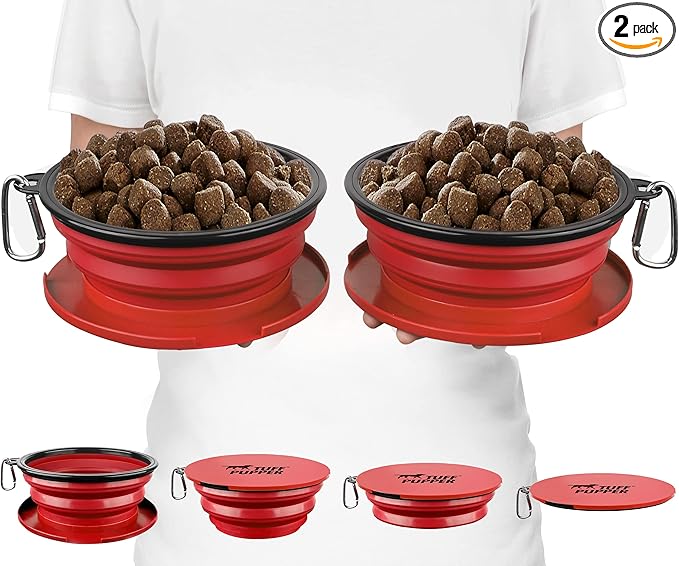 Tuff Pupper SuperBigSlurp Collapsible Dog Bowls | Two Pack Bowls | Extra Large Capacity | Portable, Food Safe, Odorless | Non-Toxic Silicone [Two Pack Red Bowls 60oz]