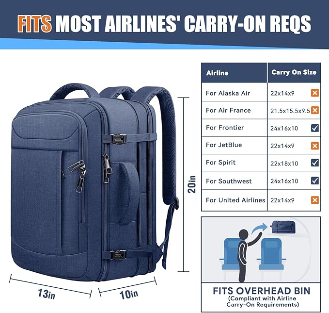 Travel Laptop Backpack, Expandable 40-50L Travel Backpack, 17.3 Inch Carry on Large Luggage TSA Flight Approved Laptop Bag, Multiple Pockets TSA Friendly Water Resistant Business Bag for Men, Blue