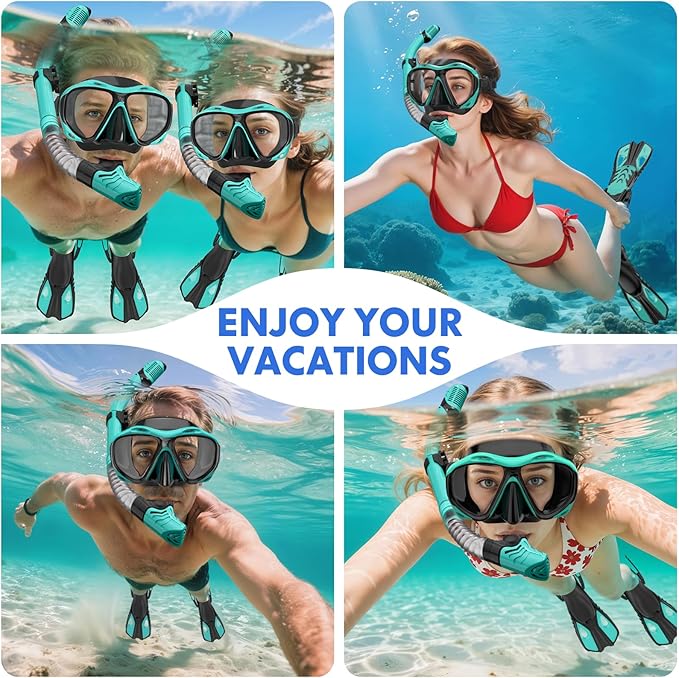 Snorkeling Gear for Adults Men Women, 3 in 1 Snorkel Set with Panoramic View Diving Mask Anti-Fog Anti-Leak, Snorkel Mask Dry Top Snorkel Fins for Swimming, Snorkeling and Travel Diving