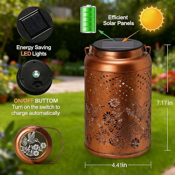 2 Pack Hummingbird Solar Lanterns Outdoor Waterproof Hanging Solar Lights, Garden Decor Gifts for Women Mom Grandma Metal Garden Decorative Lights for Yard, Backyard, Patio, Porch