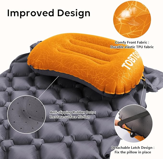 TOBTOS Inflatable Camping Pillow for Camping, Ultralight Backpacking Pillow, Ergonomic Support for Neck & Lumbar, Blow Up Air for Travel, Hiking, Outdoor (Orange)