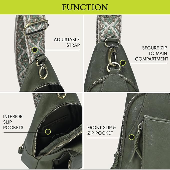 Antik Kraft Tasha Webbing Strap Sling (Moss) | Vegan Leather Crossbody Bag for Women with 16-20" Strap | Sling Bags for Women with Durable Antique Brass Hardware | 7in x 2.5in x 12.5in |