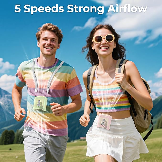 AMACOOL Portable Waist Fan Clip On, MAX 40H Runime, 10000mAh Rechargeable Wearable Shirt Fan with Light, 16000RPM Powerful 5 Speed Belt Fans Personal Cooling Fans for Outdoor Camping Travel (Pomelo)