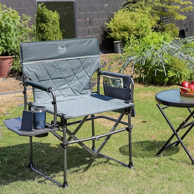 Timber Ridge Aluminum Camping Directors Chair with Side Table Pocket, Portable Folding Chair, Heavy Duty Lawn Chair for Fishing Trip Picnic Concert Outdoor 400lbs, Grey