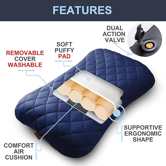 XL Inflatable Camping Pillow ELuxe w. Removable Padded Cover | X-Foam, Comfortable, Washable Ultralight Portable Neck Lumbar Support | Backpacking, Hiking, Travel, Air | X-Large (Ocean Blue)