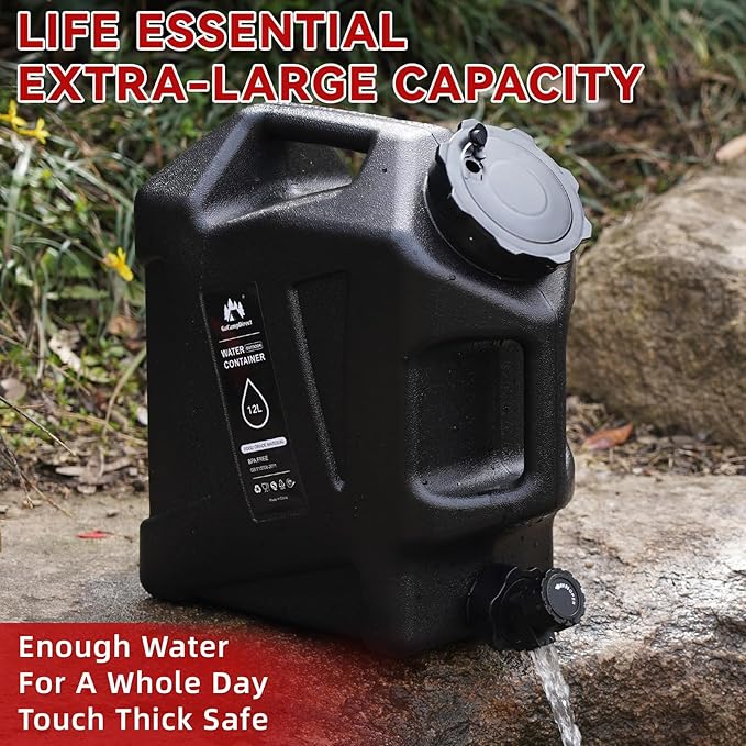 Camping Water Jug - 3.2 Gallan Water Container with Spigot | Portable Water Tank for Outdoor Hiking Picnic Supplies - Black