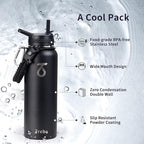 Trebo 40oz Water Bottle Insulated with Lid and Straw,Double Wall Vacuum Stainless Steel Metal Tumbler Sports Flask with Paracord Handle, Keep Hot 24 Hours & Cold 48 Hours Water Jug with 3 Lids, Black