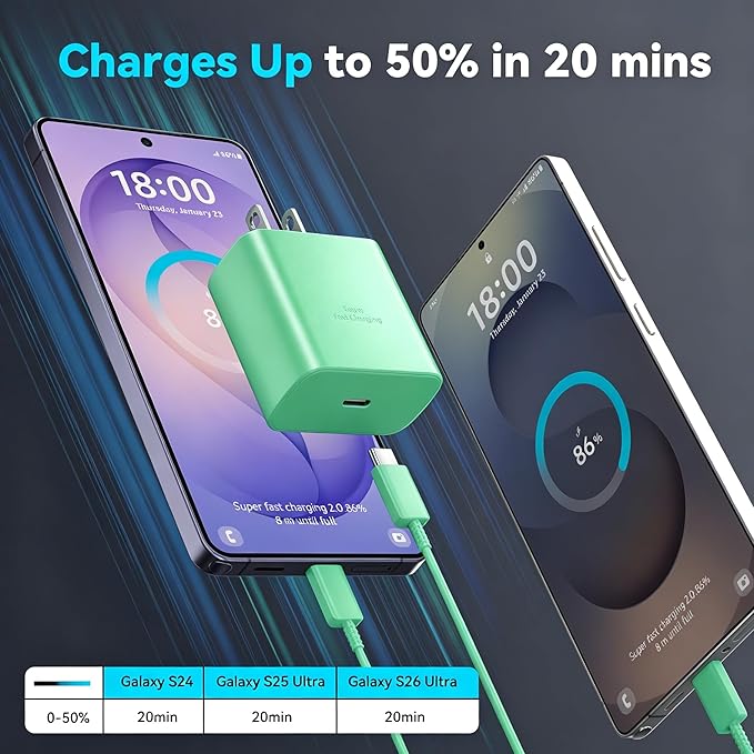 45W Super Fast Charger USB C Android Phone Type C Charger Fast Charging Block with 6.6FT Cord for Samsung Galaxy S26/S26 Ultra/S26+/S25 Ultra/S25/S24 Ultra/S24/S23 Ultra/S22/S21/S20/Note 10, Green
