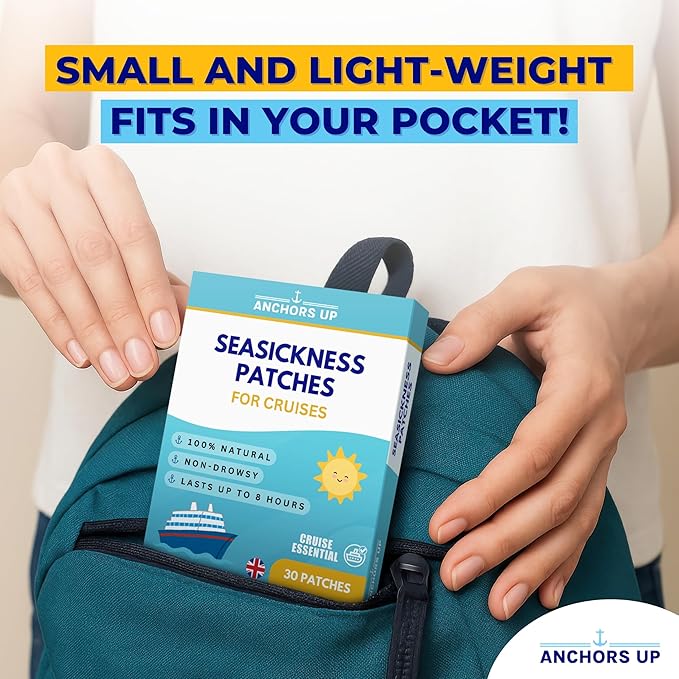 Seasickness Patches for Cruises – Treats Motion and Sea Sickness – Non-Drowsy – 100% Natural – Fast Relief – Long-Lasting – Box of 30 – Cruise Essential by AnchorsUp