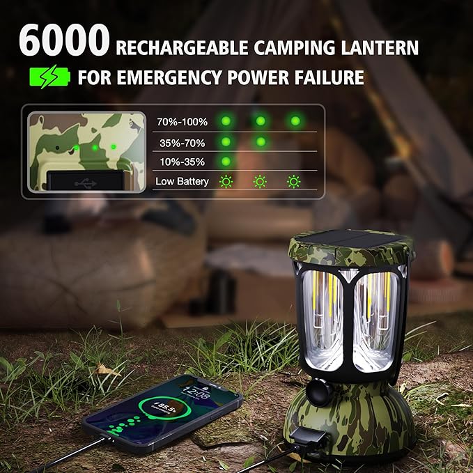Raynic 6000 LED Camping Lantern, 650LM Hand Crank Solar Battery Powered Rechargeable Lantern, Emergency Lights for Home Power Failure, Hurricane, USB Cable Included