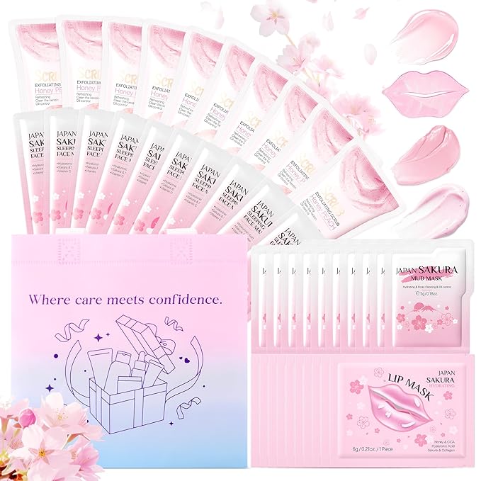 Sakura Skin Care Set for Teenage Girls, Lovely Travel Skincare Set for Women, 41-In-1 Spa Party & Sleepover Skincare Kit with Sleeping Face Mask, Mud Mask, Lip Mask & Exfoliating Scrub, Five of Each