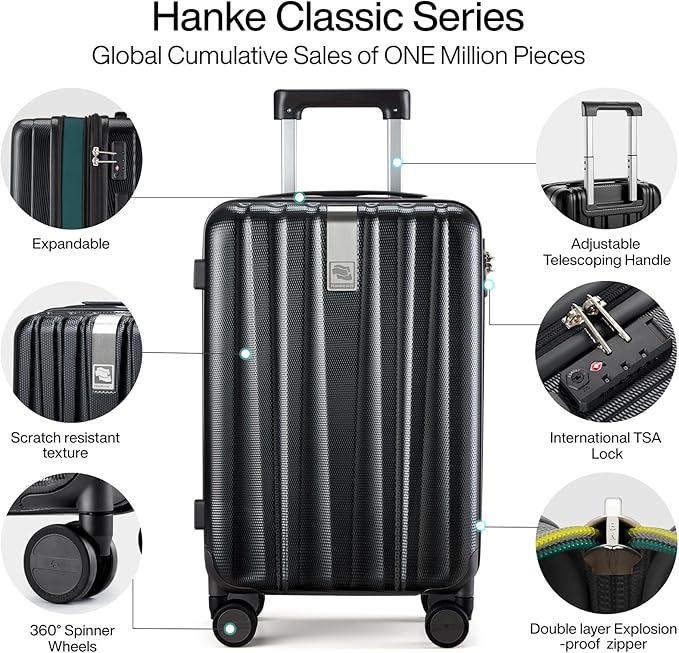 Hanke 20 Inch Expandable Carry on Luggage 22x14x9 Airline Approved Lightweight PC Hard Shell Suitcases with Wheels Travel Luggage Rolling Suitcase Travel Luggage Bag for Weekender(Jet Black)