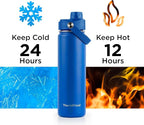 ThermoProof Double-Walled Vacuum Insulated Stainless Steel Water Bottle - Wide Mouth with Chug & Spout Lids, Dishwasher Safe, Reusable, Leakproof, Hot & Cold for Men, Women & Kids - 22 oz, Blue