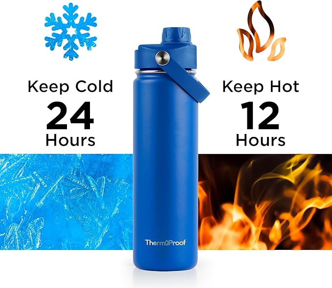 ThermoProof Double-Walled Vacuum Insulated Stainless Steel Water Bottle - Wide Mouth with Chug & Spout Lids, Dishwasher Safe, Reusable, Leakproof, Hot & Cold for Men, Women & Kids - 22 oz, Blue