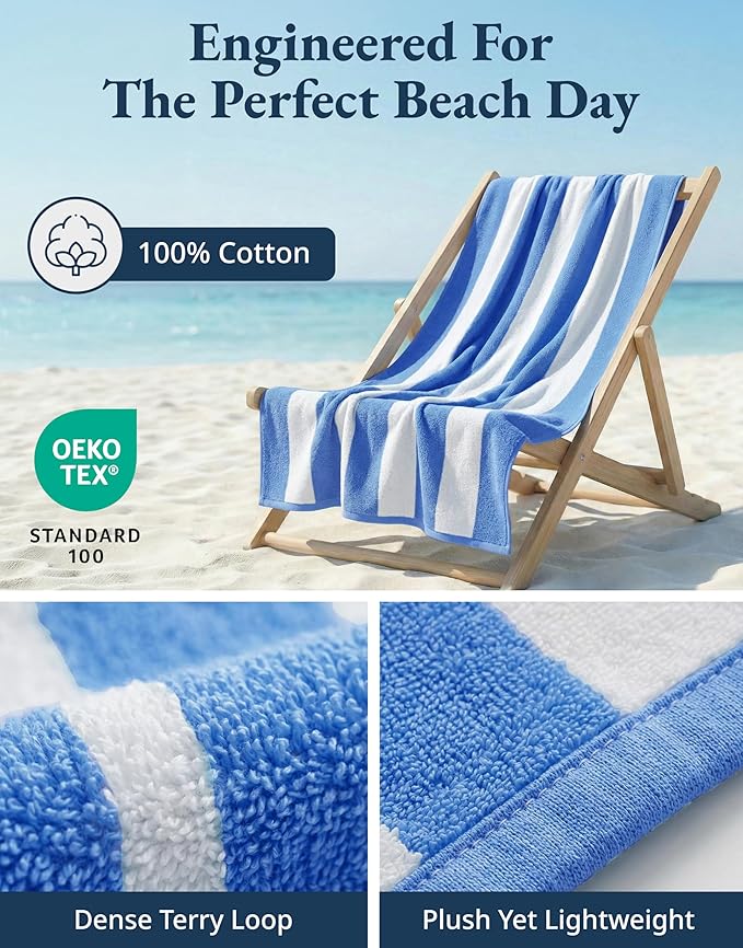 LANE LINEN Beach Towels 4 Pack - 520 GSM 100% Cotton Pool Towel for Adults – (30" x 60") Beach Towels Oversized, Thick & Highly Absorbent - Super Soft, Comfy & Quick Dry Cabana Stripe Large Towel