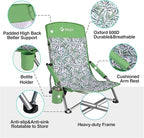 VILLEY Low Beach Chairs for Adults 2 Pack, High Back Folding Chairs, Lightweight and Portable for Outdoor, Camping, Lawn, with Cup Holder and Carry Bag - Green Tropical Leaves