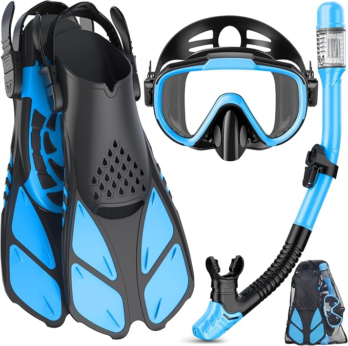 Snorkeling Gear for Adults Men Women,4 in 1 Snorkel Set with Panoramic View Diving Mask Anti-Fog Anti-Leak,Dry Top Snorkel,Fins and Travel Bag for Swimming,Snorkeling and Travel Diving
