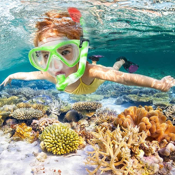 Kids Snorkel Set Dry Top Snorkeling Gear for Kids Youth Boys Girls Junior Age 5-15,Tempered Glass Swimming Diving Mask and Snorkel Set 180 Degree Panoramic View